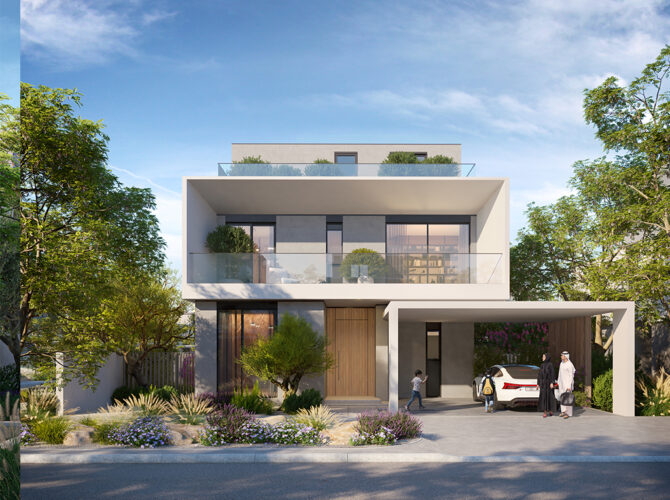 THE HEIGHTS executive villa front exterior showing contemporary design and covered parking by Emaar